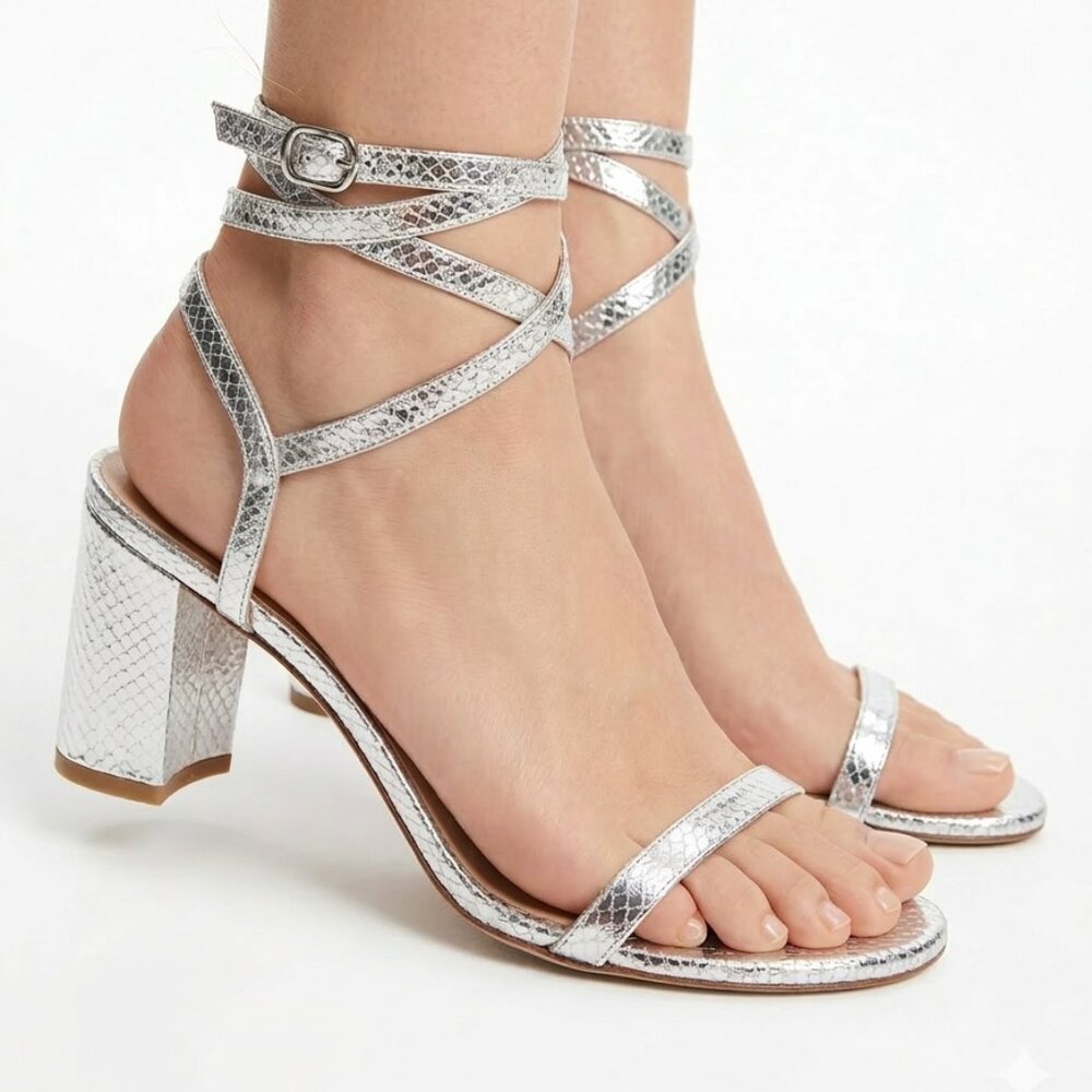 Stuart Weitzman Metallic Snakeskin Block Heel Sandal Size 9.5 Silver Ankle Wrap